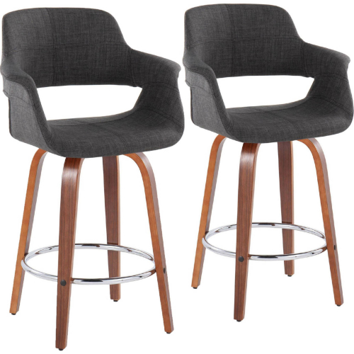 Vintage Flair 26" Swivel Counter Stool in Walnut Wood & Charcoal Fabric & Chrome (Set of 2)